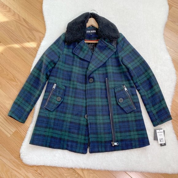 Steve Madden Jackets & Blazers - Steve Madden Women's Wool Blend Plaid Coat with Fur Trim, Green/Navy, Size M